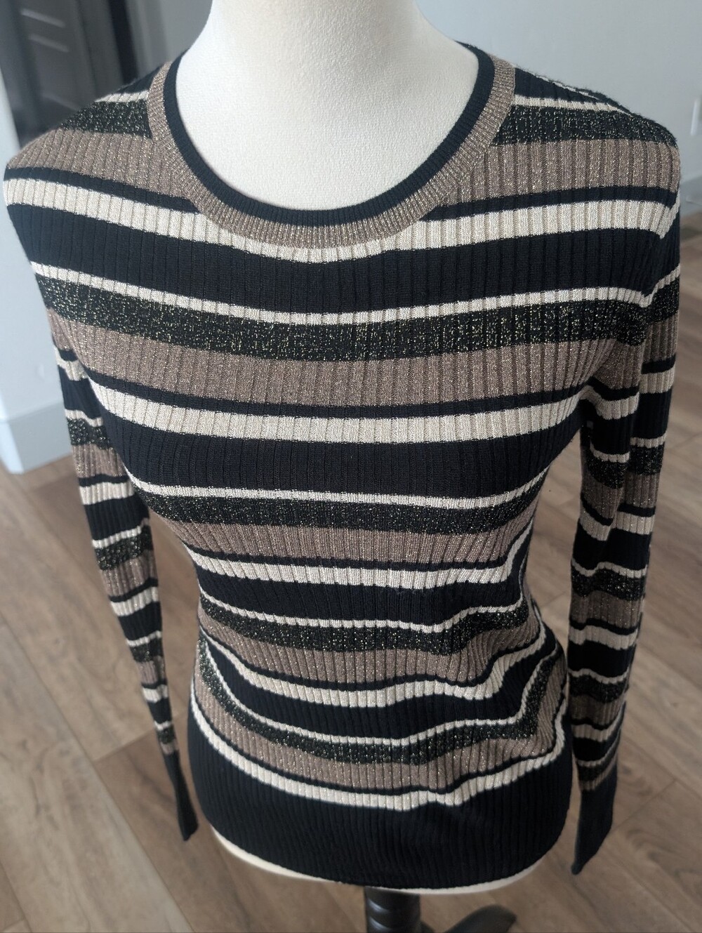 Frame Denim Black, Tan & Cream Striped Crewneck Sweater